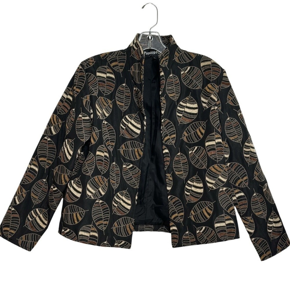 Painted Pony Uniquely USA Jacket Women Black Autumn Leaf Jacquard Open Front L